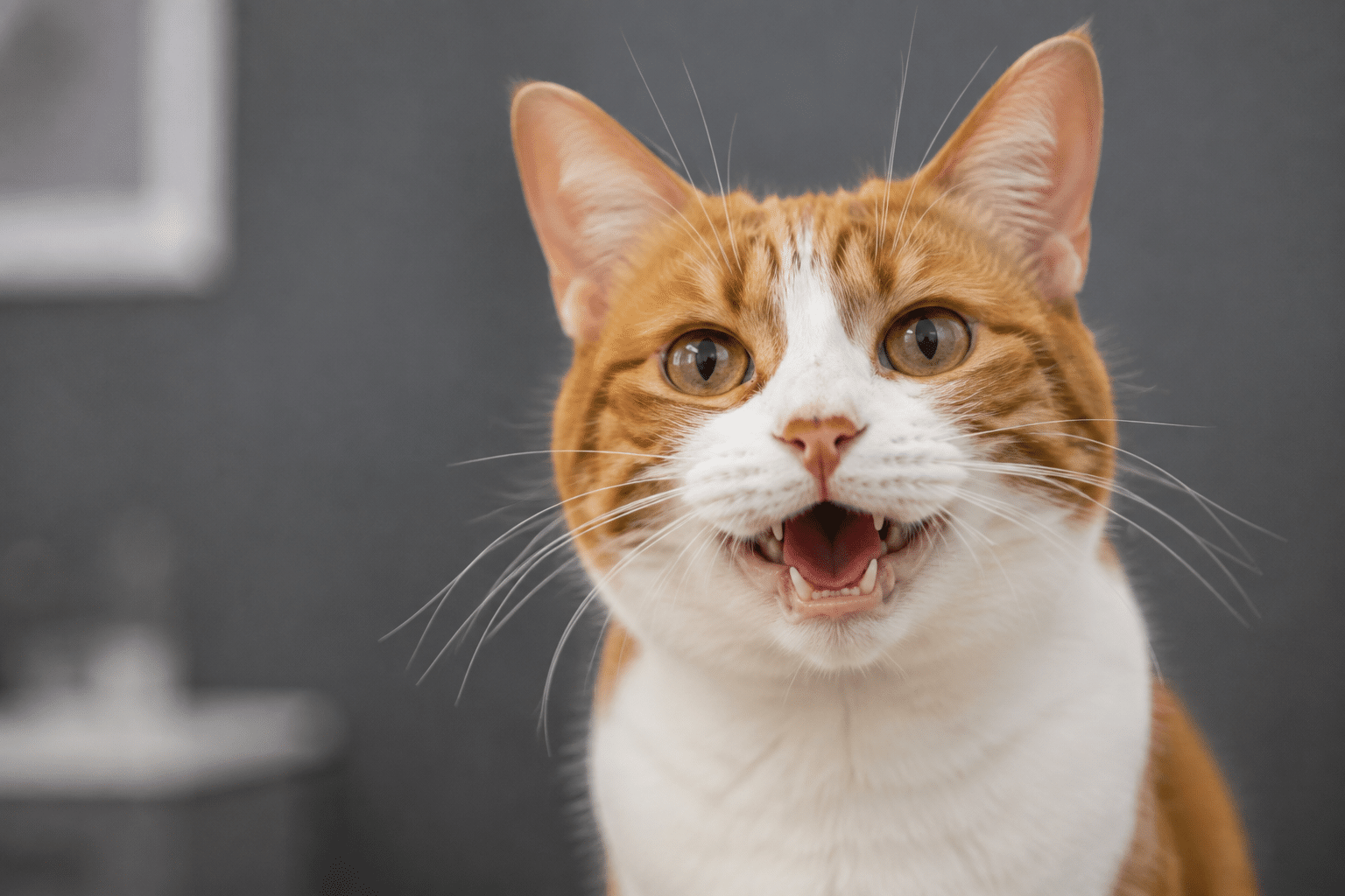 Orange and white cat with open mouth, looking forward with perked ears.